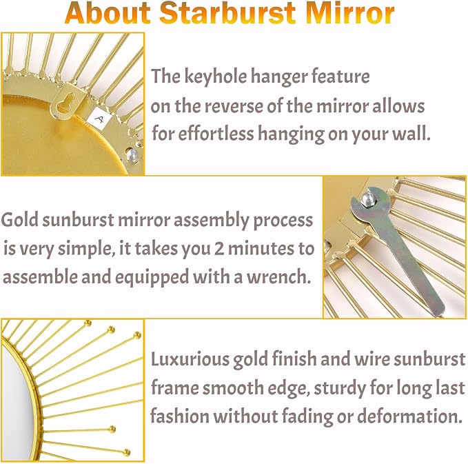 Large Gold Sunburst Mirror - 31" Starburst Wall Mirror with 12" Round Glass, Mid-Century Modern Elegant Gold Sun Mirrors for Living Room, Bedroom, Entryway Decor