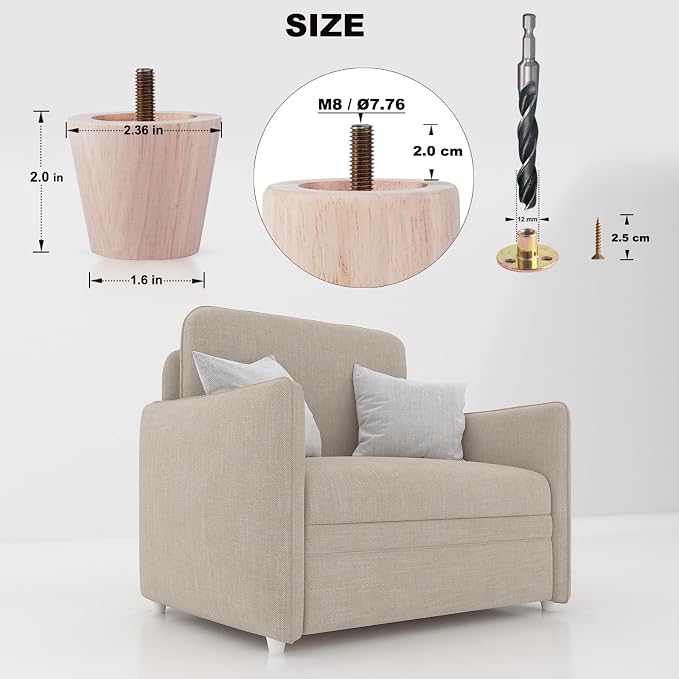 2 Inch Small Unfinished Rubberwood Furniture Legs Set of 4 - Short Solid Wood Legs Replacement for Ottoman & Bench,Couch & Sofa & Table Legs, Cabinet Feet - DIY Finish