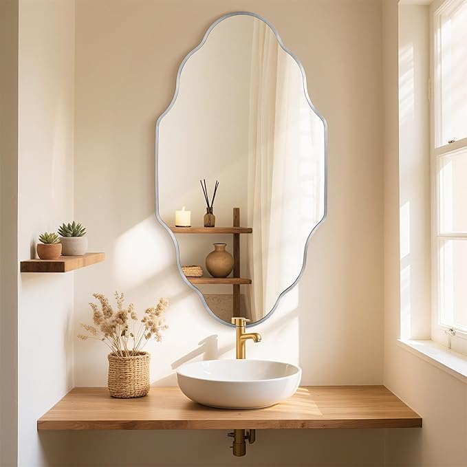 Silver Scalloped Bathroom Mirror, Irregular Wall Mirror with Brushed Metal Frame, HD Glass Decorative Mirror for Wall Decor, Vanity Mirror for Bathroom, Bedroom & Entryway (24" x 36", 1 Pack)