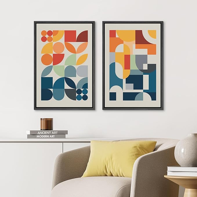 IDEA4WALL Framed Canvas Print Wall Art Set Mid-Century Modern Red & Blue Geometric Color Blocks Abstract Shapes Illustrations Modern Art Decorative Minimalist Multicolor for Bedroom - 24"x36"x2 Black