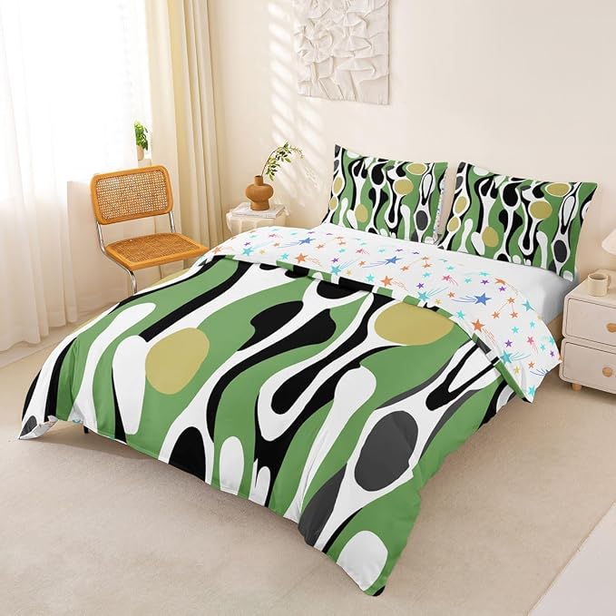 Erosebridal Organic Geometric Duvet Cover Set Modern Abstract Girl Toddler Bedding Set for Youth Boys Retro Mid Century Comforter Cover Modern Fluid Art Irregular Circles Bed Sets,Sage Green Khaki