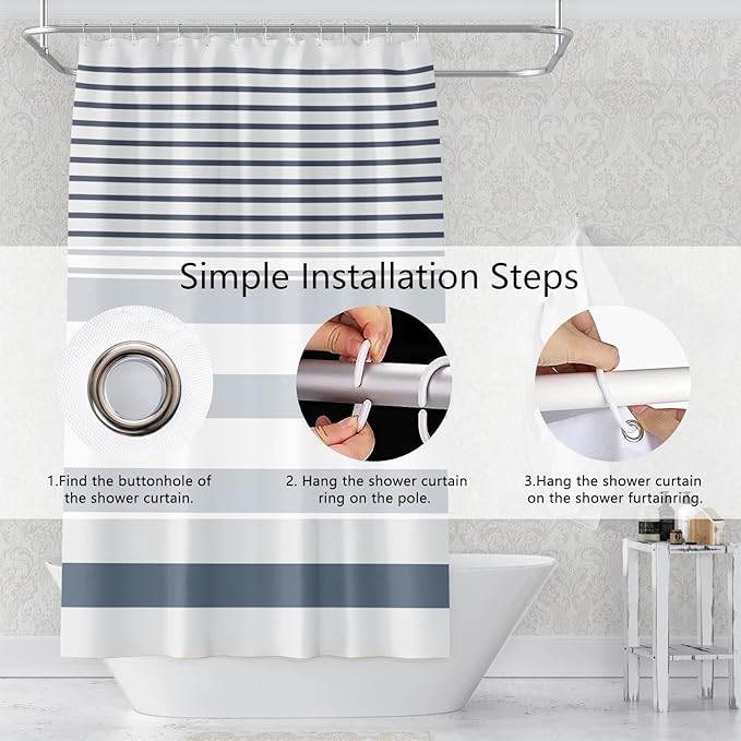 Abstract Stripes Fabric Bathroom Shower Curtain - Navy Blue Lines Modern Minimalist with Hooks - Polyester Waterproof Artistic Decor, 36x72 Inch