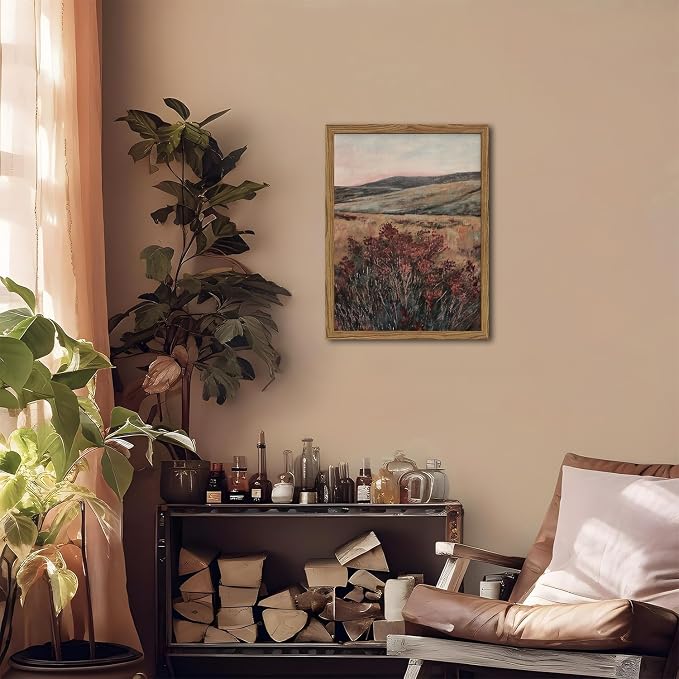 Moody Landscape Wall Art Vintage Wildflower Wall Decor Painting Cottagecore Nature Botanical Flower Picture Artwork 3D Textured Hand Drawn Sandstone for Living Room Bedroom 16x24 inch Wood Framed