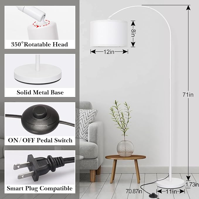 White Arc Floor Lamp, Modern Floor Lamp for Living Room with Adjustable Lamp Head, Tall Pole Standing Lamp with On/Off Pedal Switch, Over Couch Arched Reading Light for Bedroom, Office, Study Room