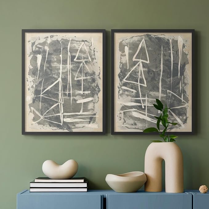 Renditions Gallery Set of 2 Peel & Stick Framed Prints, Trendy Abstract Wall Art, Textured Linework Striking Wall Decor, Re-Stickable - Ready to Hang - 11"x14" - Black Frame LT588