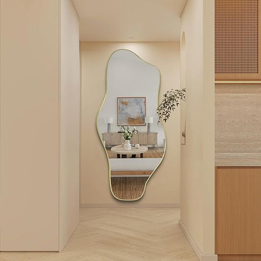 Irregular Mirror Full Length, 67"x31" Large Asymmetrical Tempered Glass Mirror for Dressing, Gold Modern Abstract Frameless Wall Mirrors for Living Room Bathroom Bedroom Hallway Entryway