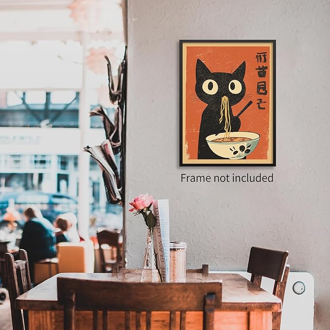 EOLRCIG Funny Black Cat Eat Ramen Noodles Poster Vintage Japanese Kitchen Food Wall Art Whimsical Cute Animal Canvas Prints for Restaurant Wall Decor 16X24 inch Unframed