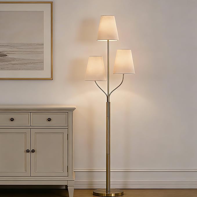 Maxax 3 Lights Brass Gold Floor Lamp for Living Room, Modern 65" Tall Standing Tree Lamp with 3 White Shade for Bedroom Office