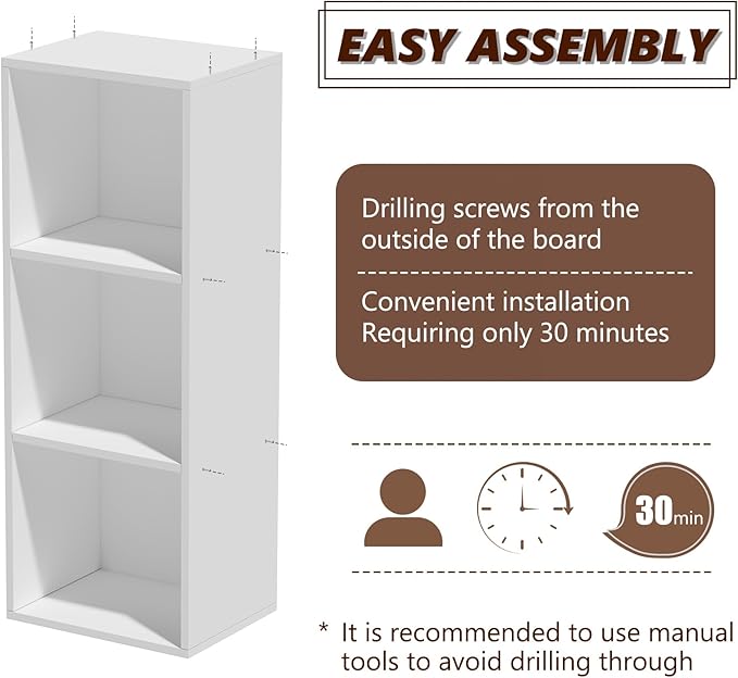 Wooden 3 Cube Storage Organizer, 3 Tier Storage Cubes Storage Display Cubby, Freestanding DIY Closet Shelving Unit for Living Room Bedroom Office (White, 3 Cube-W(11.8inch)