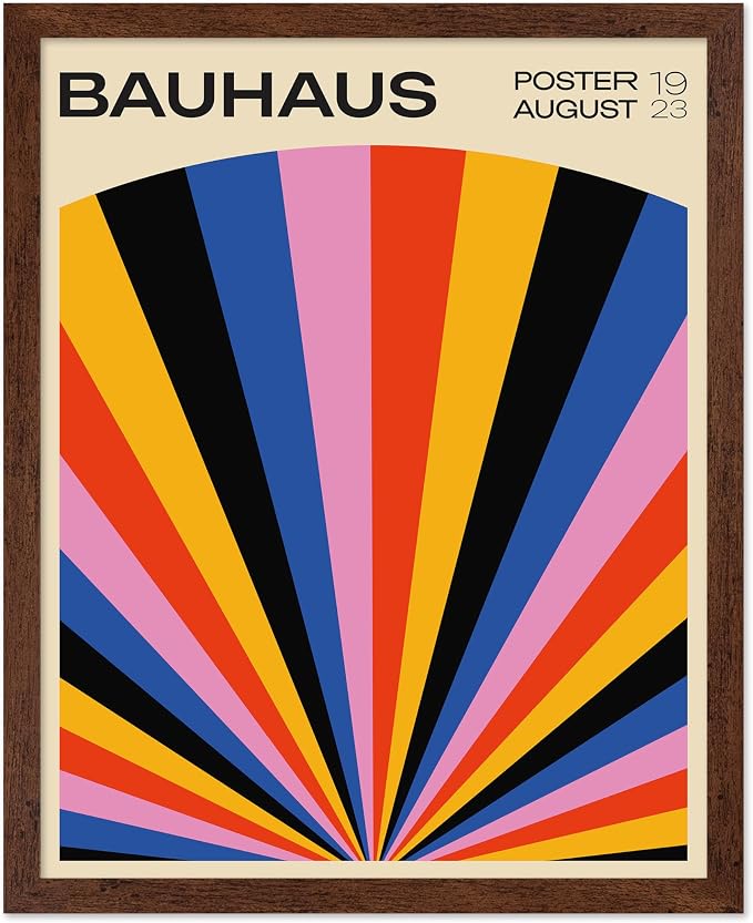 Poster Master Bauhaus Poster - Rainbow Sun Rays Print - Geometric - Abstract Art- Graphic Design - Chic Boho - Mid Century Modern Art - 11x14 Brown Framed