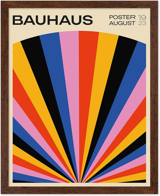 Poster Master Bauhaus Poster - Rainbow Sun Rays Print - Geometric - Abstract Art- Graphic Design - Chic Boho - Mid Century Modern Art - 11x14 Brown Framed