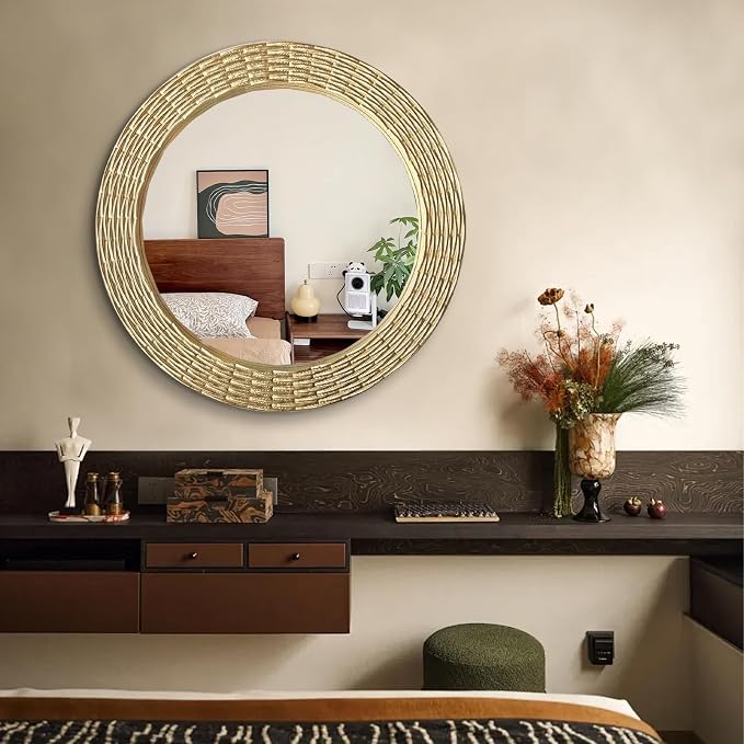 WAMIRRO Gold Round Wood Mirror, 28 Inch Hand Carved Solid Wood Frame Circle Mirror for Wall Mount, Farmhouse Boho Decor for Living Room, Bathroom, Bedroom, Hallway & Entryway