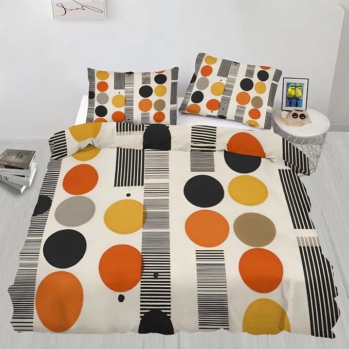 Vintage Multicolor Geometric Duvet Cover Twin Size for Boys Girls, Kids Mid Century Modern Bedding Set 3 Piece, Abstract Colorful Geometric Patterned Comforter Cover with Zipper, 2 Pillowcases