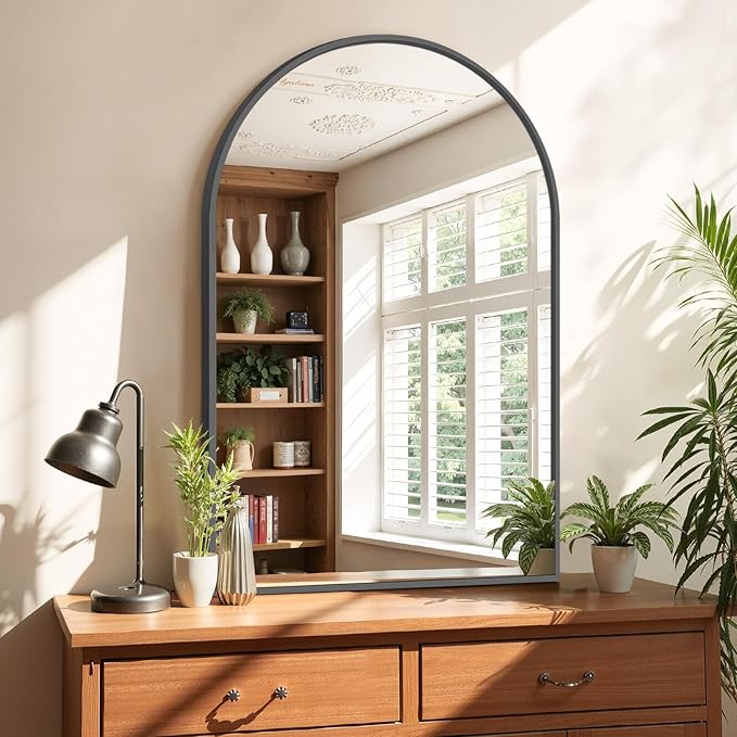 Bathroom Mirror for Wall, 36x24 Inch Arched Mirror, Matte Black Metal Framed Bathroom Vanity Mirrors for Restroom Farmhouse, Anti-Rust, Tempered Glass, Hanging or Leaning