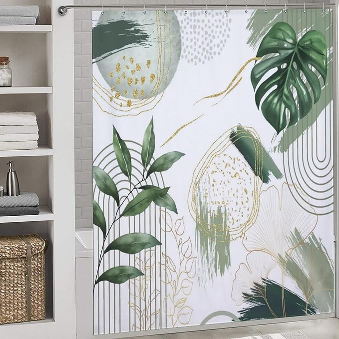 Green Boho Shower Curtain,Modern Tropical Abstract Gold Palm Leaves Plant Bathroom Decor Curtains Minimalist Fabric Bath Curtain with Hooks,72x72Inch