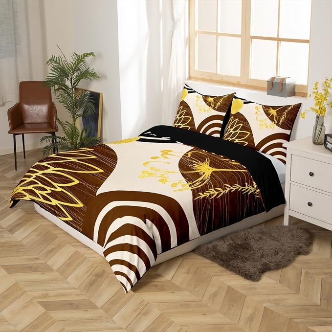 Erosebridal Boho Mid Century Queen Comforter Cover for Women Men Adults | Minimalist Modern Duvet Cover Brown and Beige Geometric Bed Set Aesthetic Modern Abstract Bedding Set