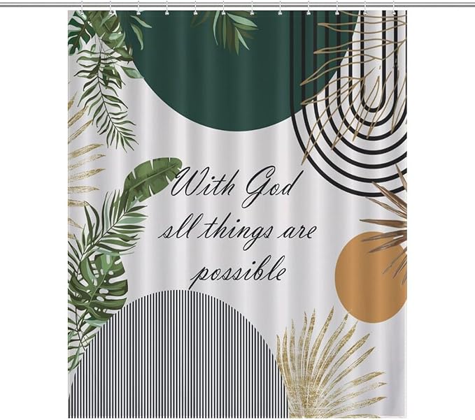 Boho Bible Verse Shower Curtain Abstract Christian Quotes Mid Century Gold Leaves Minimalist Arch Scriptures Washable Waterproof Fabric for Bathroom Decor Bathtub with 12 Hooks 55x72in（140x183cm）