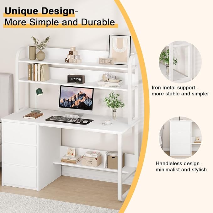 MaverickFurni White Desk with Hutch, 55 Inch Computer Desk with 3 Drawers for Bedroom, Study Writing Desk with Shelves for Small Spaces, Adjustable Feet