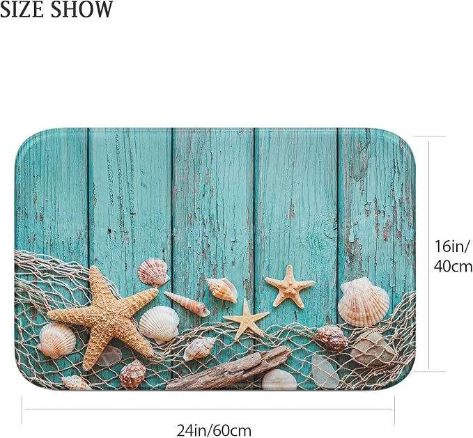 Britimes Bath Mat for Bathroom, Beach Seashells Starfish Sand Washable Cover Floor Rug Carpets Floor Mat Bathroom Decorations 20x32 Inches for Kitchen Bedroom Indoor