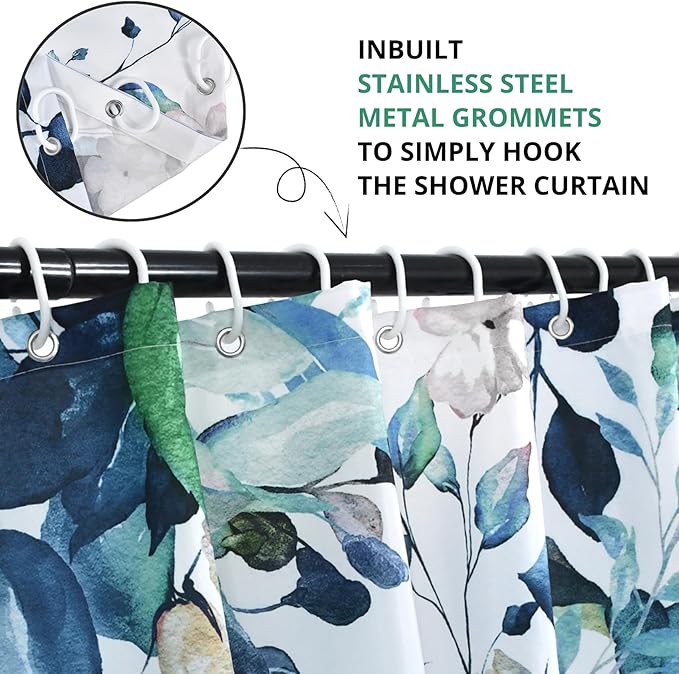 Eucalyptus Extra Long Shower Curtain, Watercolor Green Leaves Plant Floral Spring Nature Waterproof Fabric Machine Washable with Hooks for Bathroom Bathtub Decor 72Wx78H