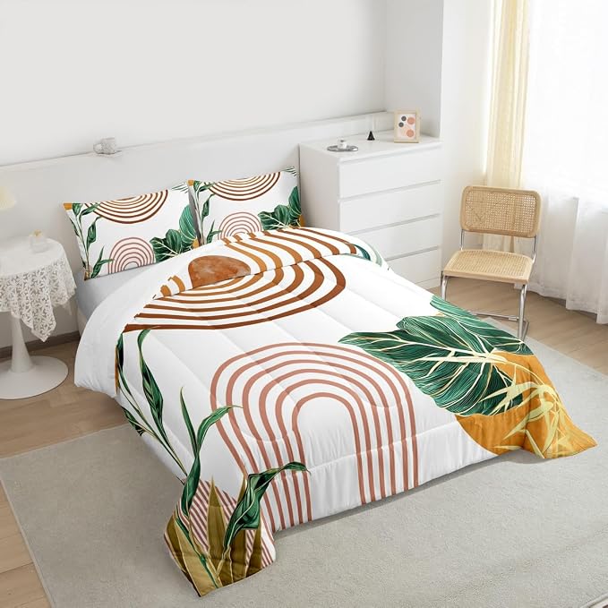 Erosebridal Mid Century Boho Bedding Set Full Simple Retro Tropical Palm Leaf Comforter Set for Kids Girls Women Orange Pink Sun Arch Minimalist Down Comforter Geometric Abstract Line Bed Set