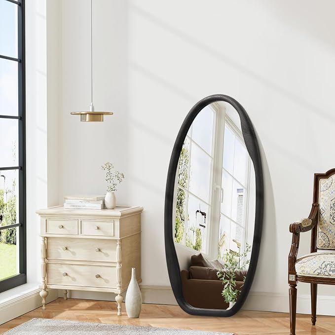 JJUUYOU Irregular Wall Mirror Black Wood Frame Mirrors for Wall 40"X20" Large Asymmetrical Hanging Mirror Modern Horizontal or Vertical Mirrors for Living Room Bathroom Entryway Bedroom Farmhouse