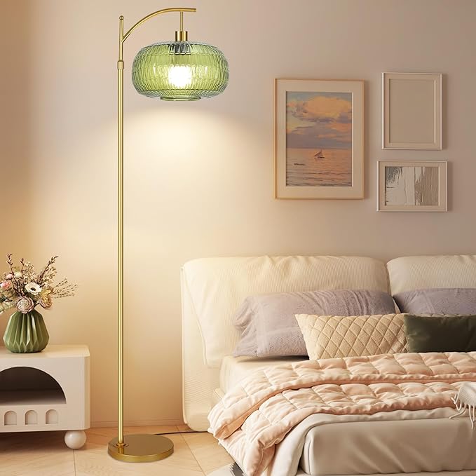 Glass Floor Lamp for Living Room,Bedroom,Gold Mid Century Modern Standing Lamp with Remote,Dimmable Brass Tall Lamp Vintage Retro Green Arc Flower Floor Light Boho Bohemian