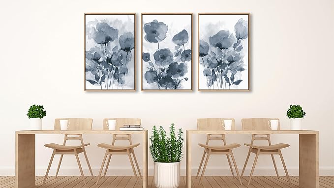 arteWOODS Botanical Framed Wall Art - Abstract Watercolor Style Pictures Grey Blue Floral Wall Decor Minimalist Prints Aesthetic Flowers Painting Artwork 20" x 28" Set of 3 Natural Framed