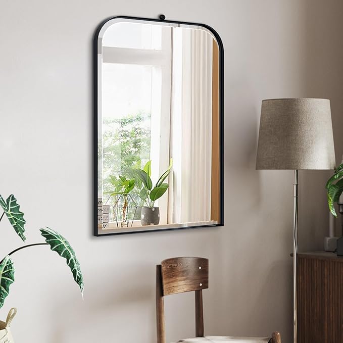 POZINO Beveled Oblong Mirror, 20"x30" Rectangle Rounded Mirror for Over Sink, Modern Black Bathroom Mirrors with Stainless Steel Frame, Vanity Wall Mirrors for Bedroom Living Room Entryway Fireplace