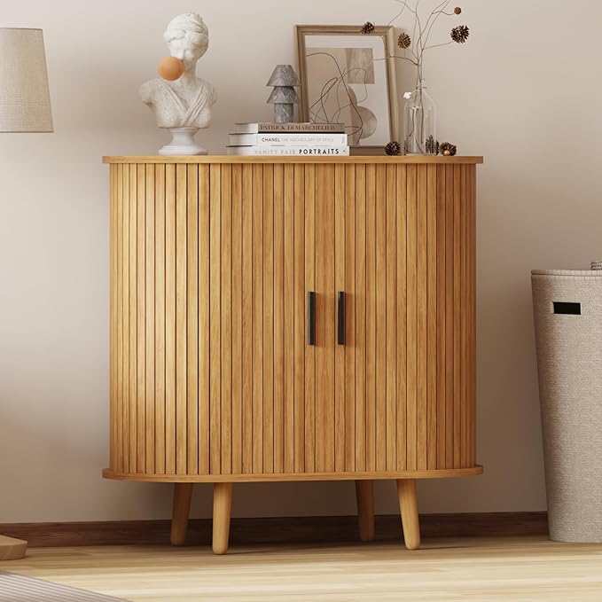 31.5" Fluted Sideboard Buffet Cabinet with Tambour Storage Oval Curved Accent Console Table for Dining Room Kitchen Living Room (Natural)
