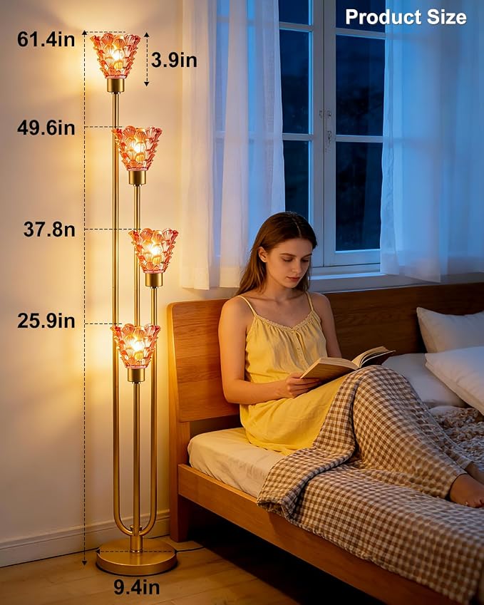 Lightdot Glass Floor Lamp Dimmable 4-Lights Gold with Deep Red Glass Shade 3000K Bulbs Included Mid Century Modern Standing Tall Lamp with 5Lbs Heavy Base for Living Room/Bedroom/Sofa Beside