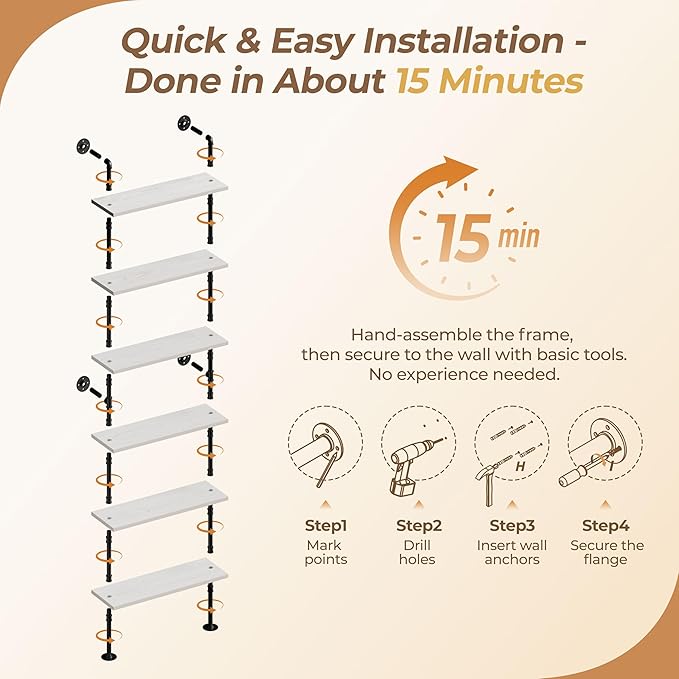 6 Tier Industrial Ladder Shelf Bookcase, Wall Mounted Rustic Bookshelf for Living Room Decor and Storage (White, 6 Tier - 10" D x 36" W x 82.5" H)