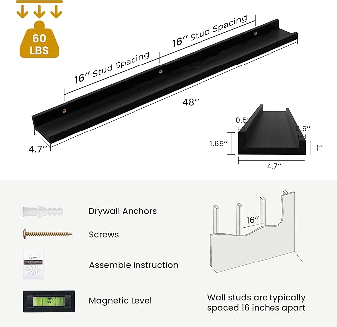 Solid Ash Wood Floating Shelves, Wood Picture Ledge Shelf Set of 2, 48 Inch Long Large Photo Ledge Shelves, Nursery Book Shelves Wall Mounted for Living Room Kids' Bedroom Decor, Black