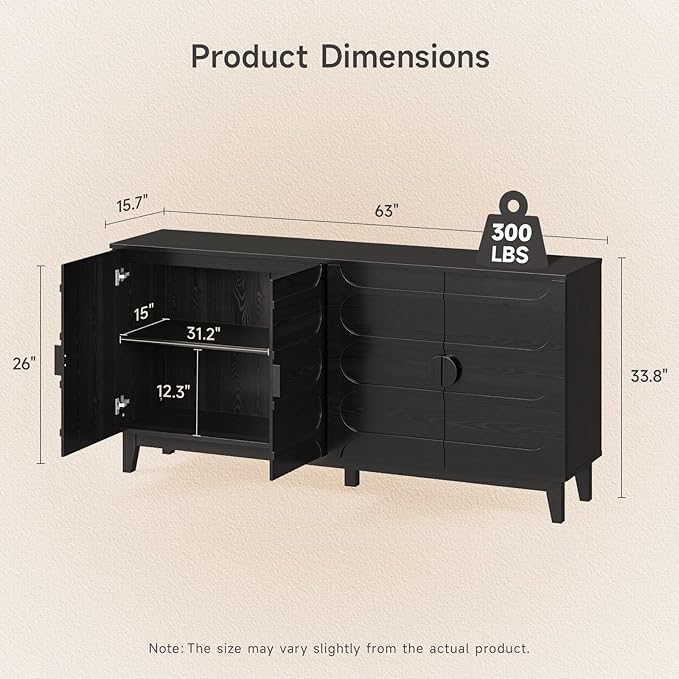 ONBRILL 63" Sideboard Buffet Cabinet with Storage, Large Buffet Cabinet with 4 Circular Panel Design Doors and Adjustable Shelves, Modern Sideboard for Living Room, Kitchen (Black)