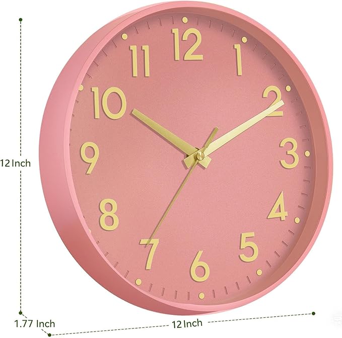 Mosewa Wall Clock 12 Inch, Battery Operated Silent Non-Ticking Modern Analog Clock Decorative for Kitchen, Bedroom, Office, Living Room(Pink Gold)