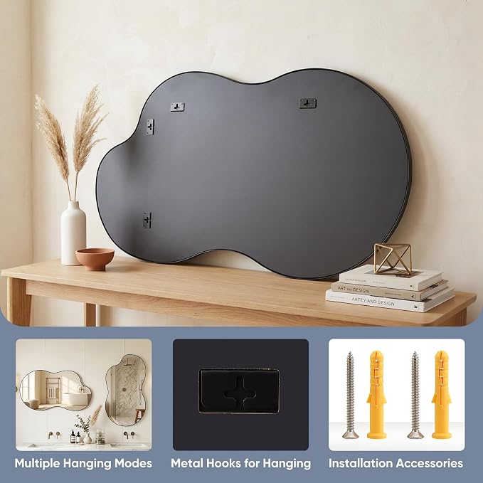 Irregular Wall Mirror, 26"x40" Asymmetrical Mirror with Metal Frame, Modern Unique Decorative Mirrors for Bathroom, Wall Decor, Entryway, Living Room, Black