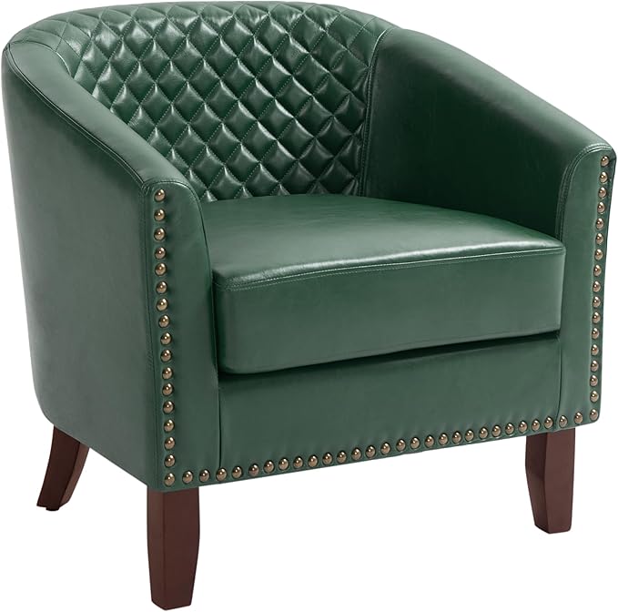 UIXE Faux Leather Barrel Accent Chair Modern Club Arm Chair, Comfy Upholstered Armchair Nailhead Trim Living Room Single Sofa Reading Seat Bedroom Side Sitting for Office Home, Green