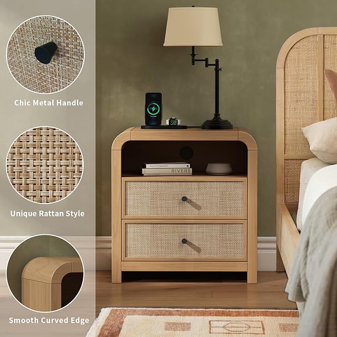 Oak&Sparrow Rattan Nightstand, 23.6'' Rattan End Table with Ample Storage, Boho Nightstand with Charging Station, Thickened Curved Profile Design, Oak Nightstands for Living Room, Bedroom