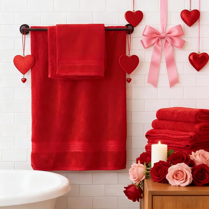 COZYART Luxury Red Bath Towels Set 3 Pcs, Cotton Hotel Large Towels for Bathroom, Thick Bathroom Sets of 3 with 1 Bath Towel, 1 Hand Towel, 1 Washcloth, 650 GSM