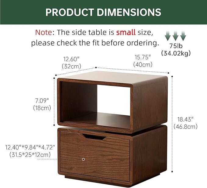 360° Rotatable Solid Oak Nightstand, Mid Century Modern Nightstand with Drawer, Small Swivel Side Table for Small Spaces, Wooden Bedside Tables for Bedroom, Living Room(Walnut,18.43" H)