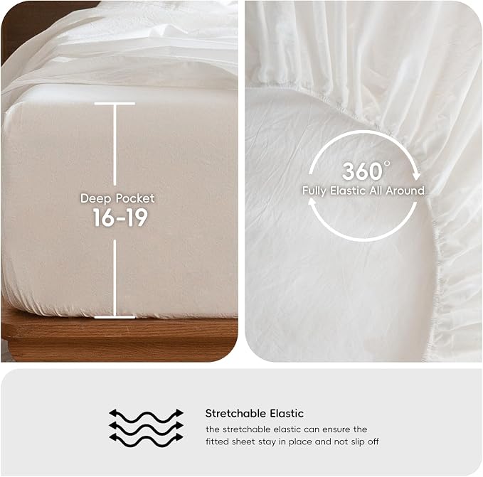 MooMee Bedding Sheet Set 100% Washed Cotton Linen Like Textured Breathable Durable Soft Comfy (Solid Off White, Twin)