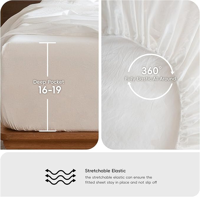MooMee Bedding Sheet Set 100% Washed Cotton Linen Like Textured Breathable Durable Soft Comfy (Solid Off White, Queen)