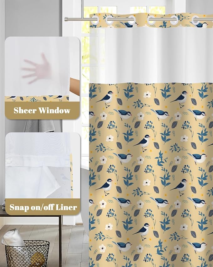 No Hook Shower Curtain and Liner Set, Bird and Floral Print in Yellow Fabric, Waterproof Bath Tub Curtain for Cottage, Farmhouse, Kids Bathroom Decor, See Through Top, 71 x 74 Inch
