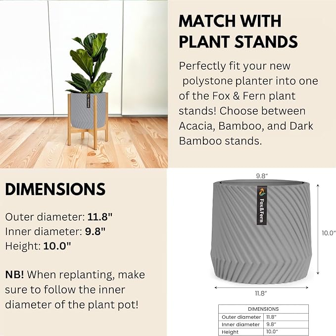 Fox & Fern Large Indoor Planter, Modern Large Plant Pot for Indoor or Outdoor, UV and Frost Resistant - 12 Inch, Polystone, Matte Gray Flower Pot with Drainage Plug, 3D Printed Design
