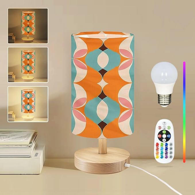 Bedside Table Lamp 50s Mid Century Modern Seamless Pattern 16-Way Dimmable Small Desk Lamp with Round Flaxen Fabric Shade for Nightstand Bedroom Living Room Home Decor