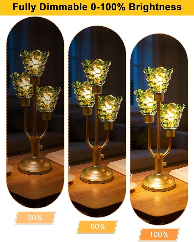 Lightdot Mid Century Modern Table Lamp for Bedroom Dimmable Nightstand Lamp Gold Vintage Desk Lamp Green Glass 3 Bulbs Included Warmwhite Ambient Bedside Lamp for Living Room Home Office Decor Gift