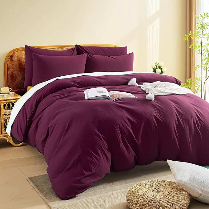 NEXHOME PRO 100% Washed Cotton Duvet Cover Twin Size, Ogranic Natural Linen Feel Breathable Bedding Set with Zipper Closure, 2 Pieces Duvet Cover Set Wine (No Comfortert) 6890