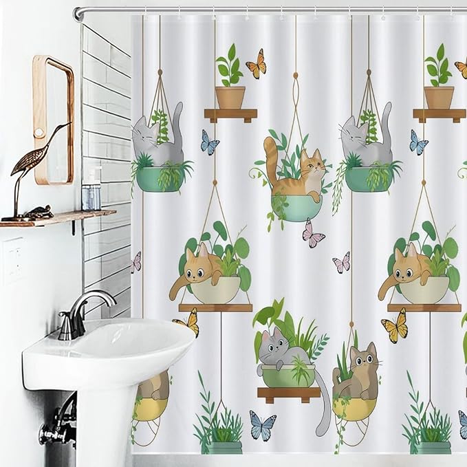 Cat Shower Curtain,Rustic Farmhouse Hanging Potted Plants Funny Animals Bathroom Curtain Polyester Waterproof Fabric Decor 66x72in（168x183cm）