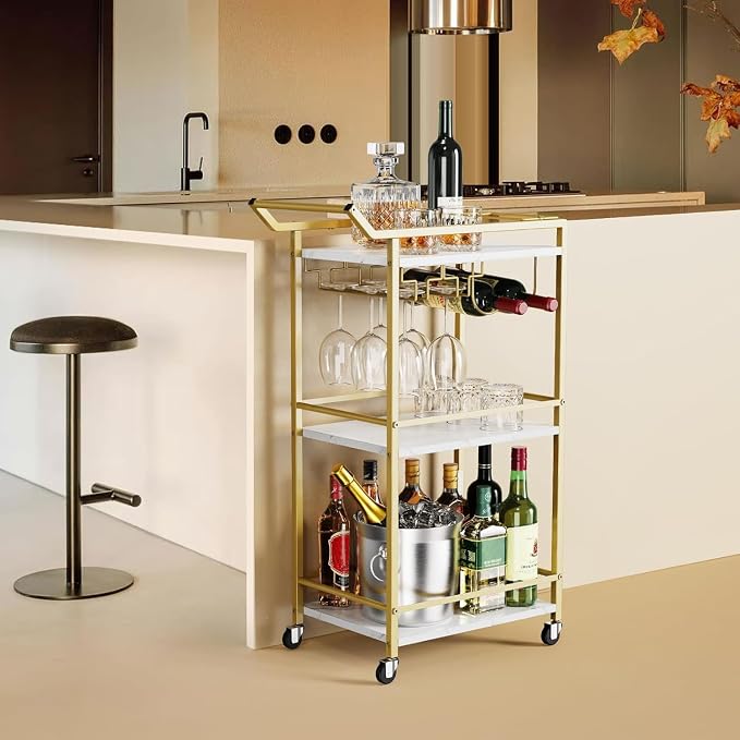 LOTEYIKE 3 Tier Bar Cart, Mini Liquor Utility Cart for Wine Beverage Dinner Party, Rolling Wine Coffee Drink Serving Cart with Lockable Wheels for Home Kitchen Bars (Gold)