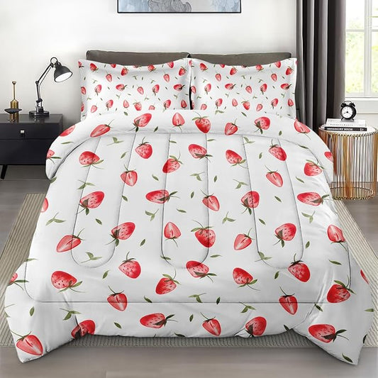 Comforter Set with 2 Pillowcases King Size, Cute Red Strawberry Fruit, Bed Decor Pink Strawberries Party Girly for Kids and Adults, Soft Cozy Bedroom Bedding Set